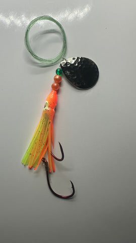 Salmon Tackle - Orange Chartreuse #4- Luminous Salmon Hoochie with (2) 4/0 Red Super Sharp Octopus Snells and a Hammered Nickel Colorado Spinner Blade