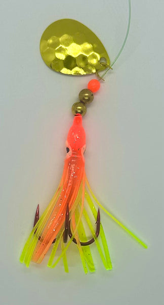 Salmon Tackle - Orange Chartreuse #4 - Luminous Salmon Hoochie-with Gold Colored Hexagon Blade, Designed to catch Chinook and Coho Salmon