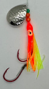 Salmon Tackle - Orange Chartreuse #4- 4/0 Snells - Luminous Salmon Hoochie with (2) 4/0 Red Super Sharp Octopus Snell and a Hammered Nickel Colorado Spinner Blade (NICKLE SNELL)