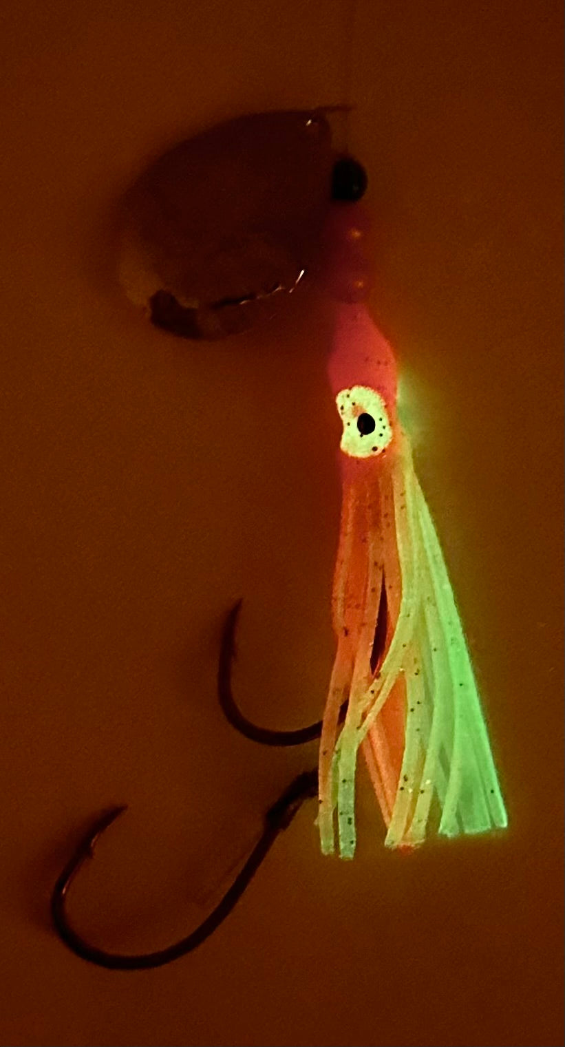 KOKOPROS® Orange Chartreuse #4 luminous salmon hoochie, 4/0 snell, spinner blade, glowing in the dark