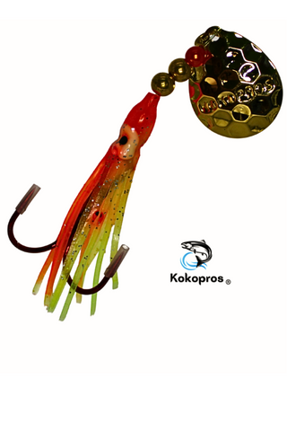 Salmon Tackle - Kokopros® Orange Chartreuse #4- 2/0 Treble -Luminous Salmon Hoochie with a Kokopros  Spinner Blade (TREBLE)