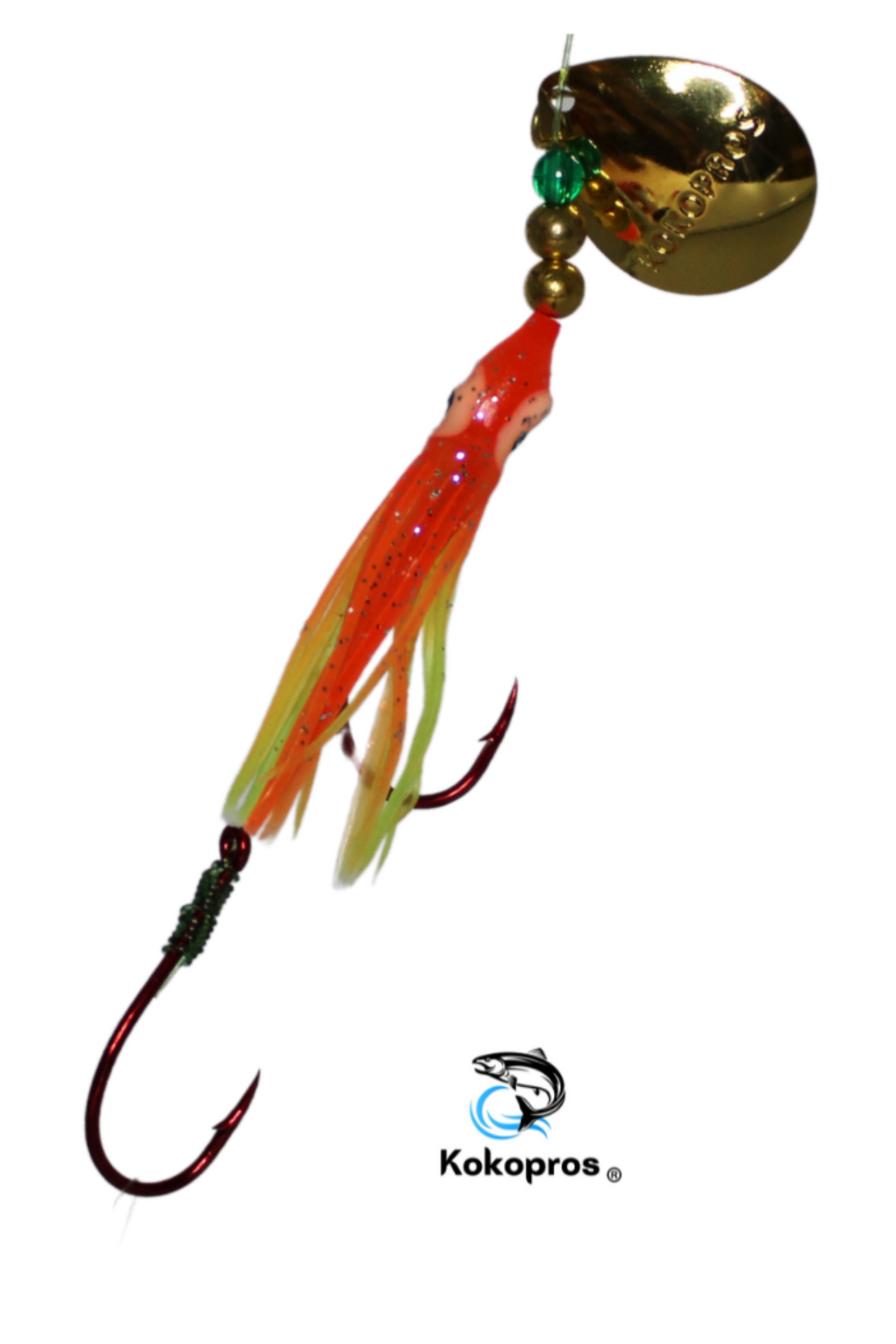 KOKOPROS® Orange Chartreuse #4 luminous salmon hoochie, 4/0 snell, spinner blade