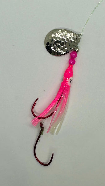 Salmon Tackle- Twin Pack Pink and White #3 Salmon Hoochie's 1) with a 2/0 Red Treble and the other with 4/0 Red Octopus Snell Tied on 40 Lb Test Trilene Big Game line with a Size #4 Hammered Nickel Colorado Spinner Blades