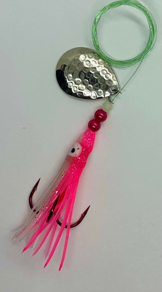 Salmon Tackle- Twin Pack Pink and White #3 Salmon Hoochie's 1) with a 2/0 Red Treble and the other with 4/0 Red Octopus Snell Tied on 40 Lb Test Trilene Big Game line with a Size #4 Hammered Nickel Colorado Spinner Blades