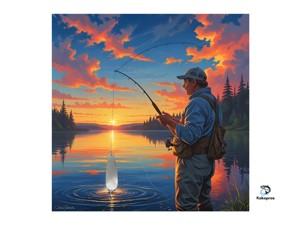 KOKOPROS® silver teardrop flasher, angler on a lake at sunset