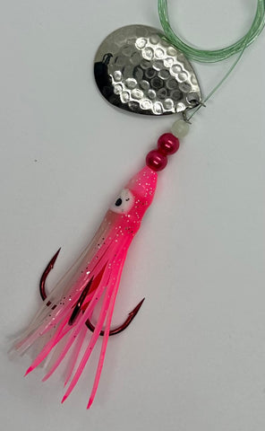 Salmon Tackle - Pink and White #3- 2/0 Treble- Luminous Salmon Hoochie-w/Hammered Nickel Spinner Blade, Super Sharp Red 2/0 Treble Hook (TREBLE)