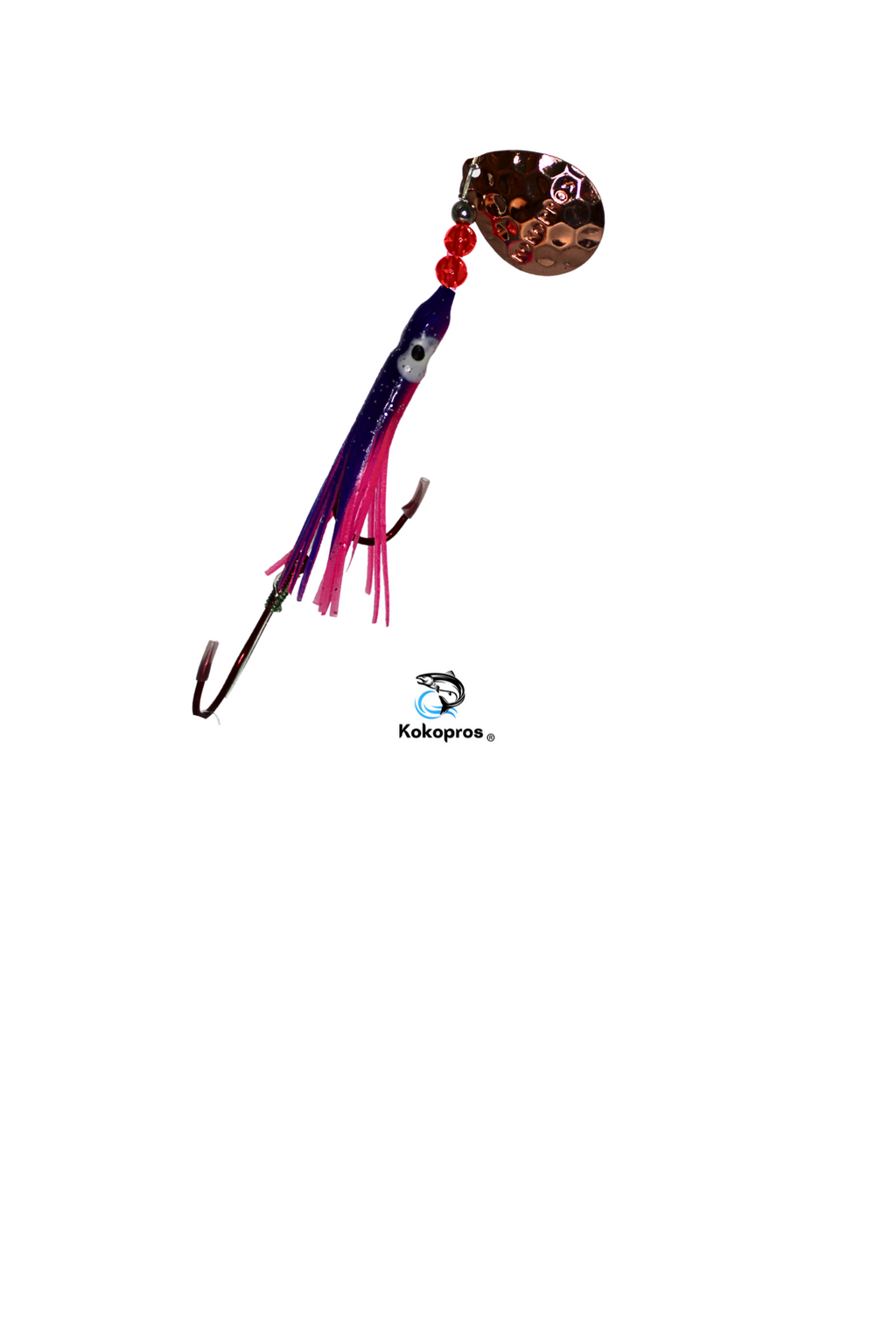 KOKOPROS® Purple and Pink #6 luminous salmon hoochie, snell, spinner blade, alternate view
