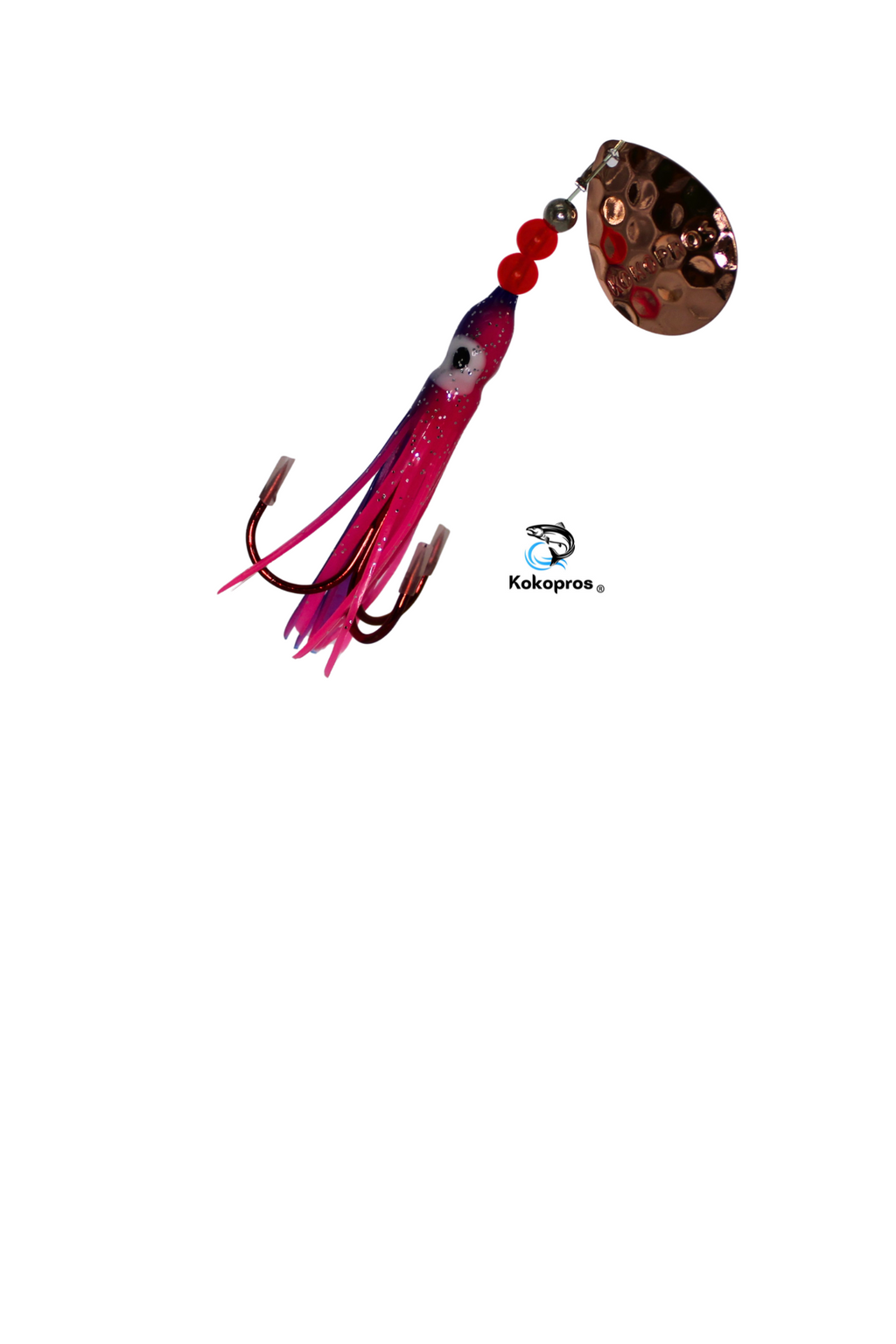 KOKOPROS® Purple and Pink #6 luminous salmon hoochie, 2/0 treble, spinner blade, alternate view