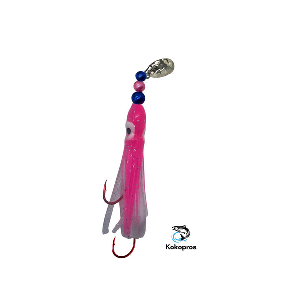 Hoochie - KOKOPROS® Pink and White #3 Luminous Octopus Hoochie with Nickel Spinner Blade - 6cm