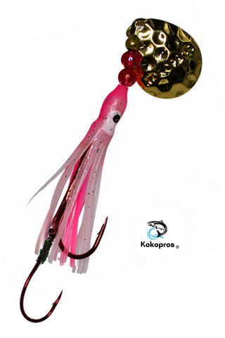 Salmon Tackle -Kokopros®  #2- 2/0 - Luminous Salmon Hoochie Pink and White #3-4/0 (SNELL)