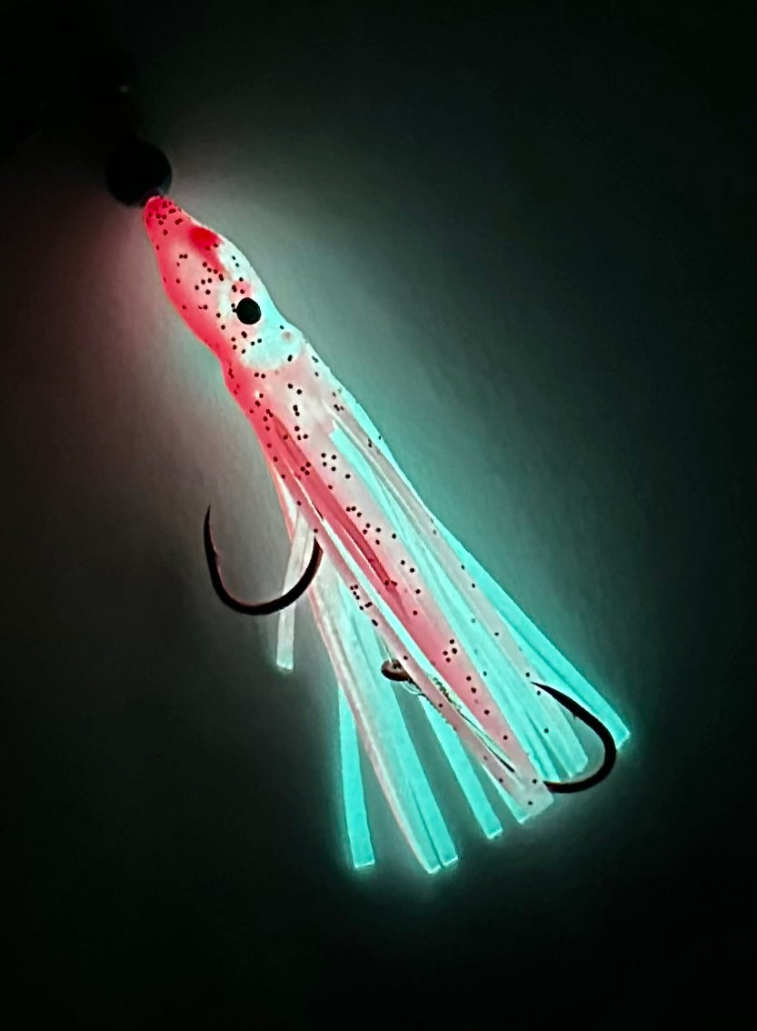 KOKOPROS® Pink and White #3 luminous octopus hoochie, 6 cm, nickel spinner blade, glowing in the dark, alternate view