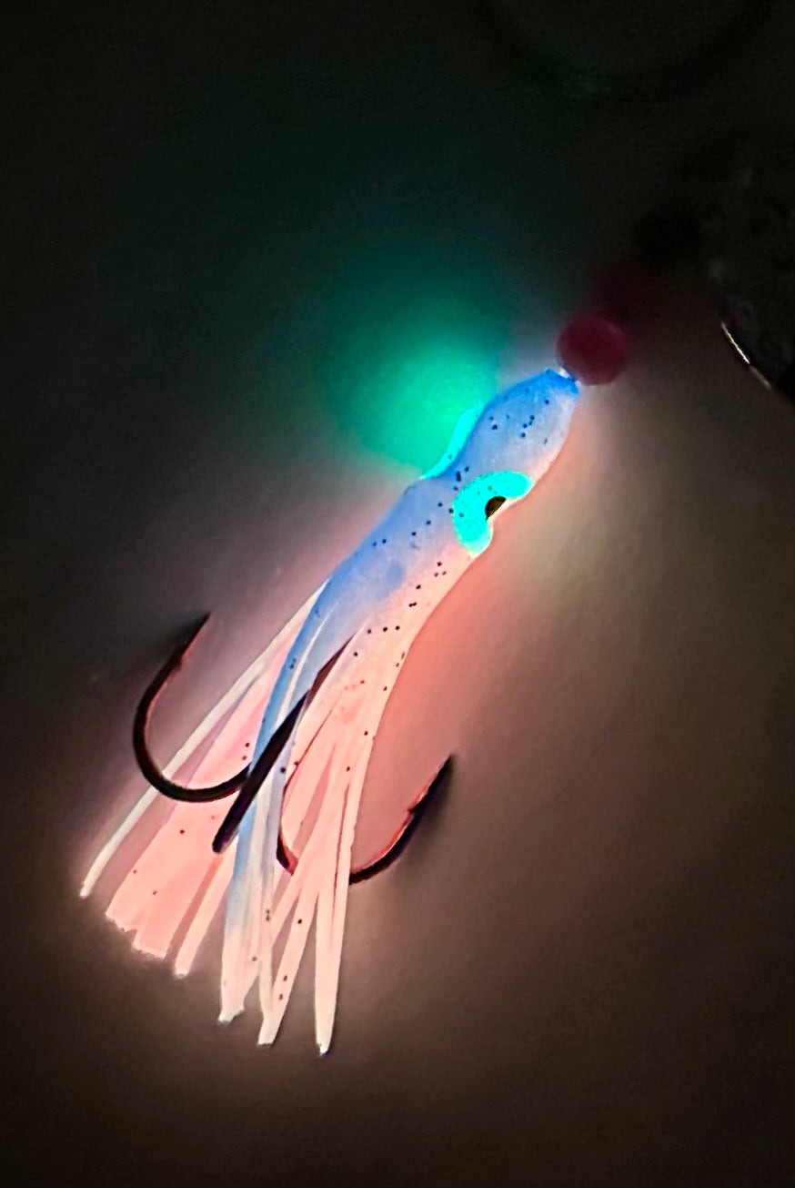 KOKOPROS® Purple and Pink #6 luminous salmon hoochie, 2/0 treble, spinner blade, glowing in the dark
