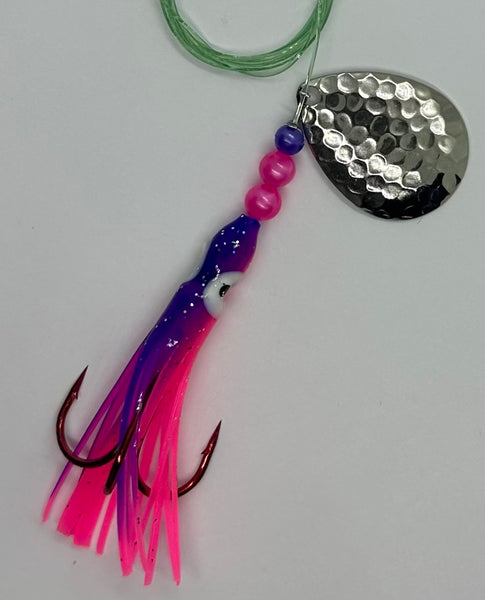 Salmon Tackle - Purple and Pink #6- Luminous Salmon Hoochie-6cm - Hammered Nickel Spinner Blade- All time favorite color for Salmon