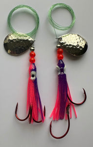 Salmon Tackle -Twin Packs Purple and Pink #6 -2/0 Red Treble and 2- 4/0 Red Snells, tied on 40 Lb Test with Hammered Nickel Colorado Spinner Blades