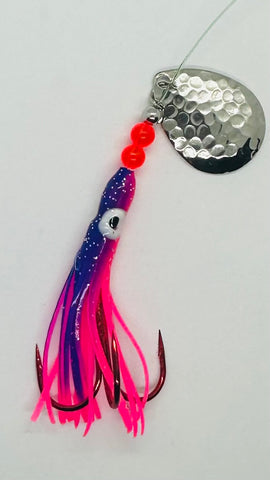Salmon Tackle - Purple and Pink #6- 2/0 Treble - Luminous Salmon Hoochie - Hammered Nickel Spinner Blade- All time favorite color for Salmon (TREBLE)