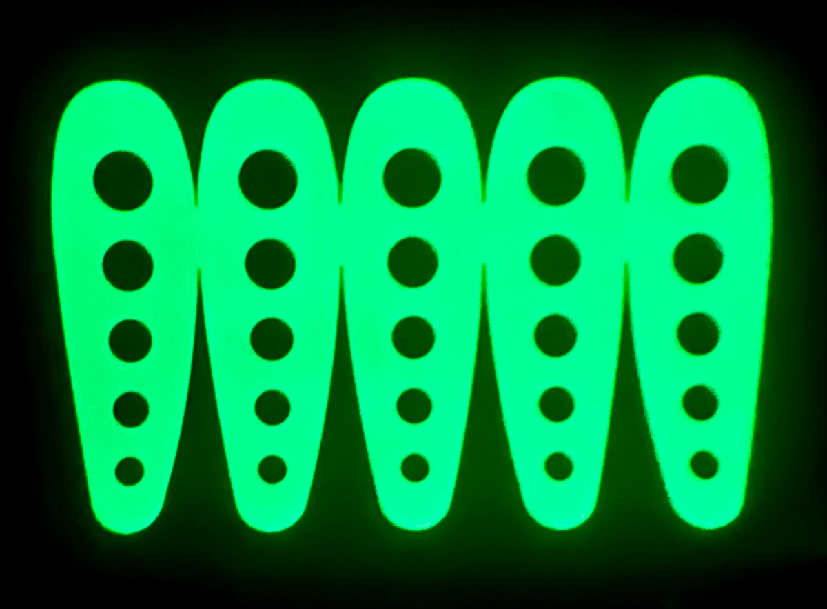 KOKOPROS® HyperGlow red dot stickers for 5 1/2-inch teardrop dodgers, 5-pack, glowing in the dark