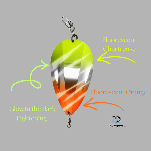 KOKOPROS® Jet Squadron  Renegade Jet Chartreuse, Silver, Orange Airbrushed Jet Dodgers 4 1/2-inch  Kokanee Salmon Fishing