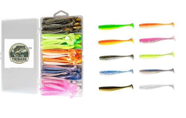 TRIBASS™ Bass Paddle Bait Soft Lures for Bass and Trout Multicolor 50 Pack with case