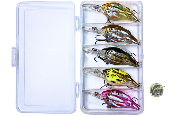 TRIBASS™  Minnow Pod Bass Crank Bait Fishing Lures 5-PACK with case.