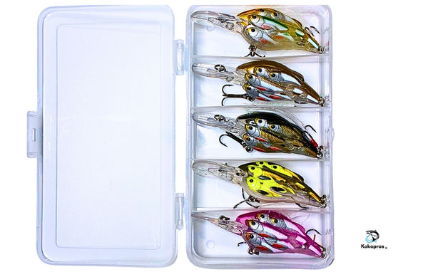 KOKOPROS®  Minnow Pod Bass Crank Bait Fishing Lures 5-PACK with case.