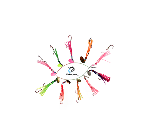 KOKOPROS® Hoochies 10 Pack -Glow Fresh water Kokanee Salmon Trolling Lures with Pre-Rigged Octopus Hooks - Spinner Blades, Synthetic Skirts Kokanee Hoochies for Salmon Fishing