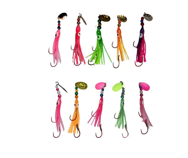 KOKOPROS® Hoochies 10 Pack -Glow Fresh water Kokanee Salmon Trolling Lures with Pre-Rigged Octopus Hooks - Spinner Blades, Synthetic Skirts Kokanee Hoochies for Salmon Fishing