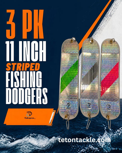 KOKOPROS® 11 Inch Salmon Flashers 3 Pack - Hot Pink, Green Stripe & Chrome - 360-Degree Rotation for Salmon & Trout Fishing - Heavy-Duty Hardware, Easy to Use