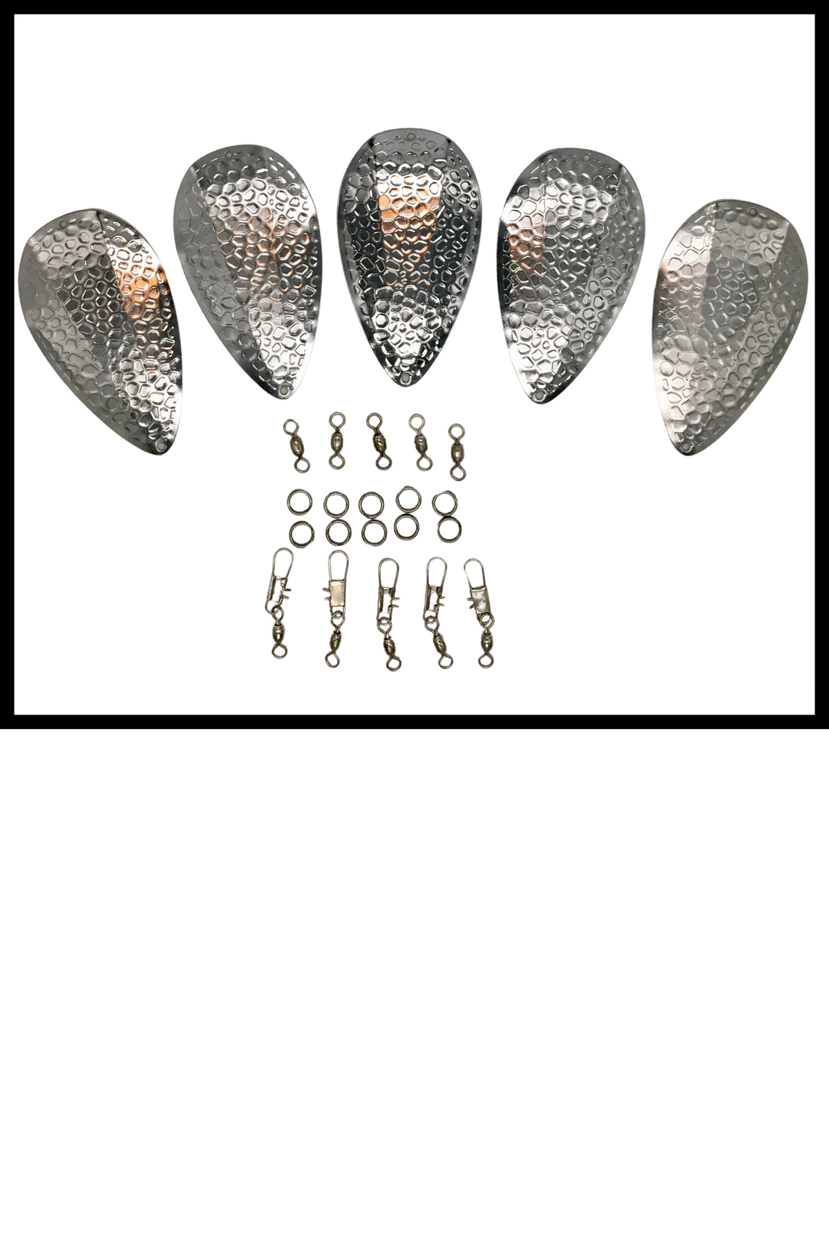 KOKOPROS® DIY Spring Hammered jet dodgers with hardware, 5-pack, Silver shown