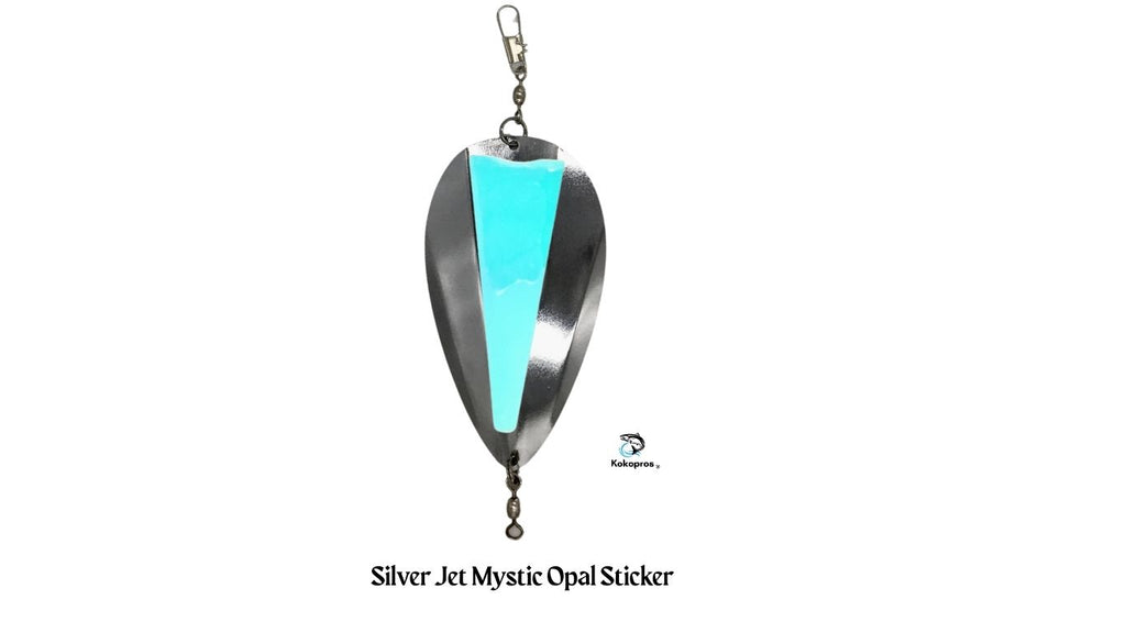 KOKOPROS® silver jet dodger with center console sticker, Mystic Opal sticker shown, close-up
