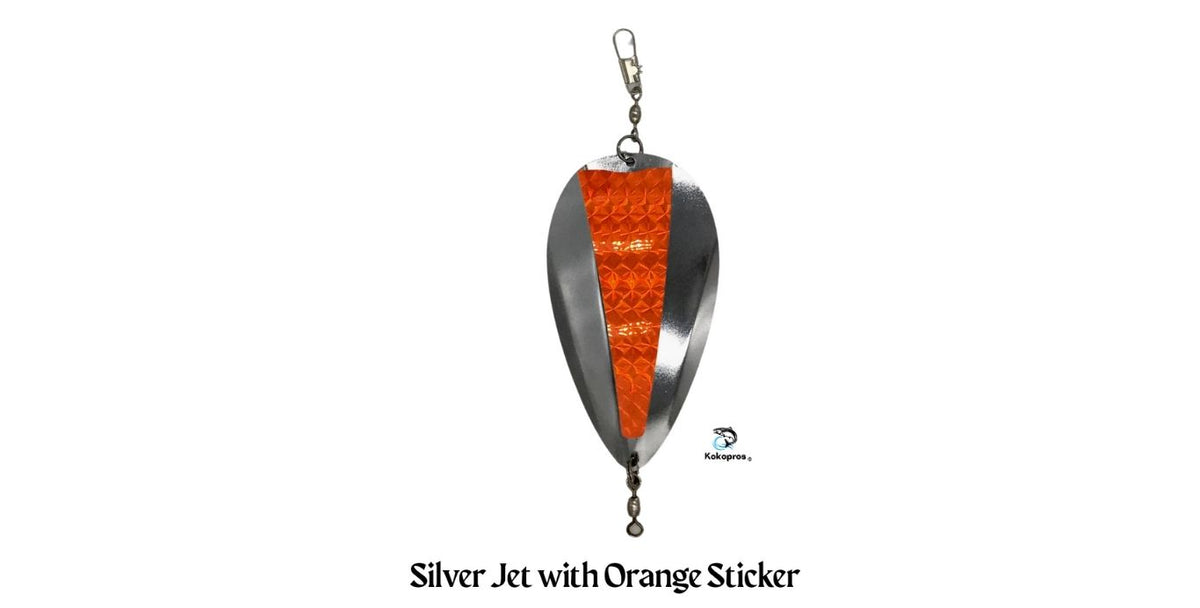 KOKOPROS® silver jet dodger with center console sticker, Orange sticker shown, close-up