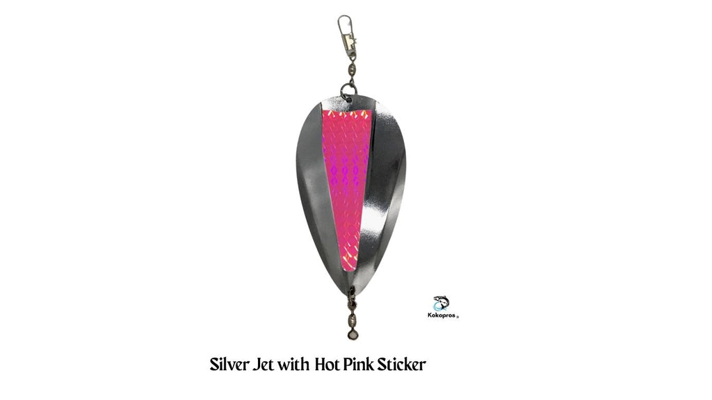 KOKOPROS® silver jet dodger with center console sticker, Pink sticker shown, close-up