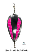 KOKOPROS® silver jet dodger with hot pink reflective sidebars, close-up