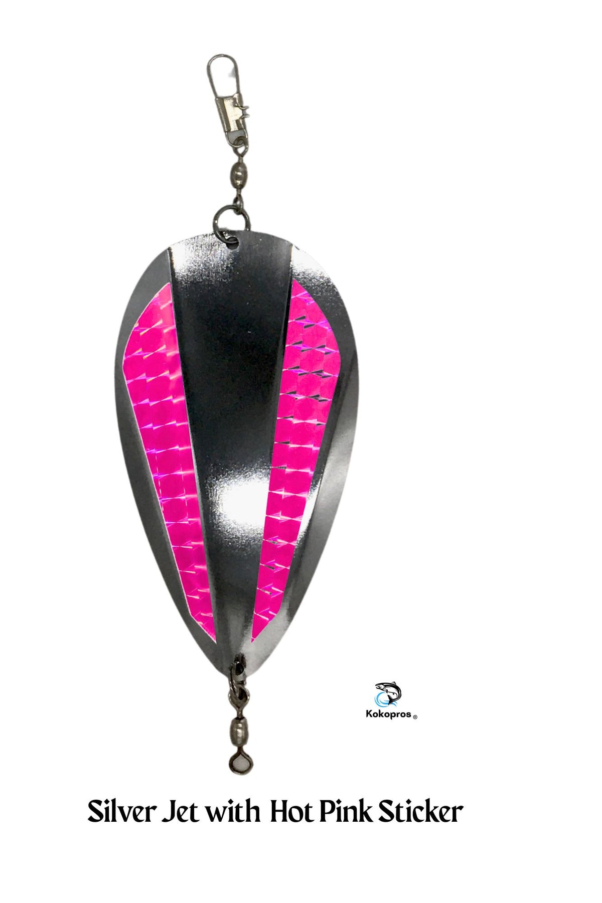 KOKOPROS® silver jet dodger with hot pink reflective sidebars, close-up