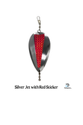 KOKOPROS® silver jet dodger with center console sticker, Red sticker shown, close-up