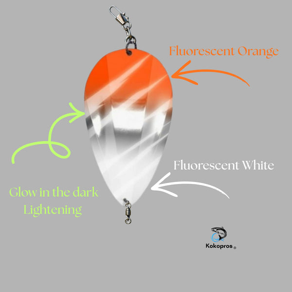 KOKOPROS® Jet Squadron  Snow Cone Jet Orange ,Silver, White. Airbrushedt Dodgers 4 1/2-inch  Kokanee Salmon Fishing