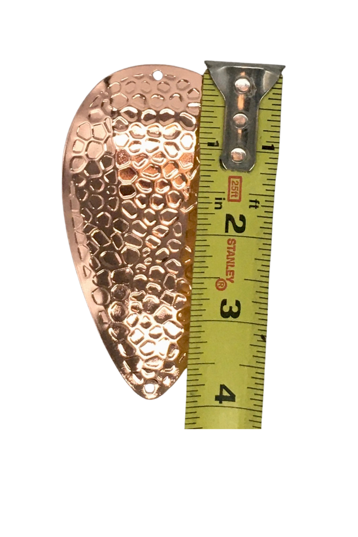 KOKOPROS® Spring Hammered jet dodgers in gold, silver and copper, 6-pack, close-up, with size measurement