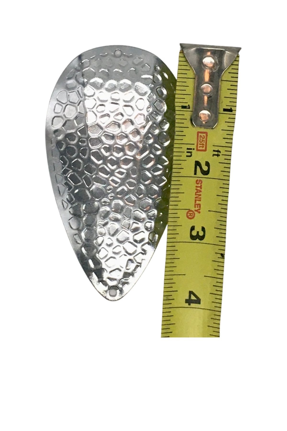 KOKOPROS® DIY Spring Hammered jet dodgers with hardware, 5-pack, close-up, with size measurement