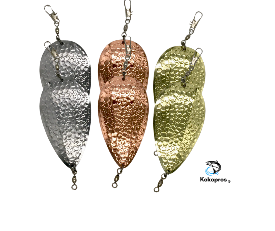 KOKOPROS® Spring Hammered jet dodgers in silver, copper and gold, 6-pack