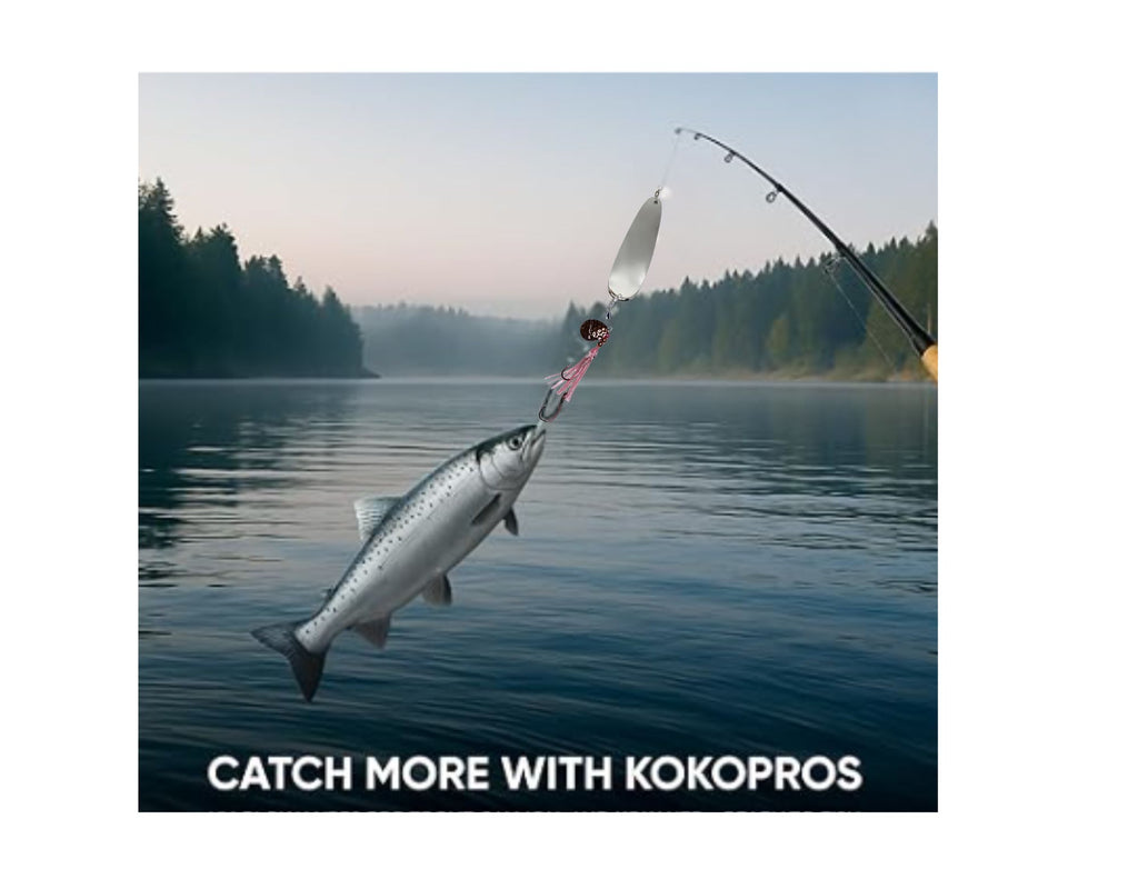 KOKOPROS® silver teardrop flasher on a line with a kokanee salmon, lake scene