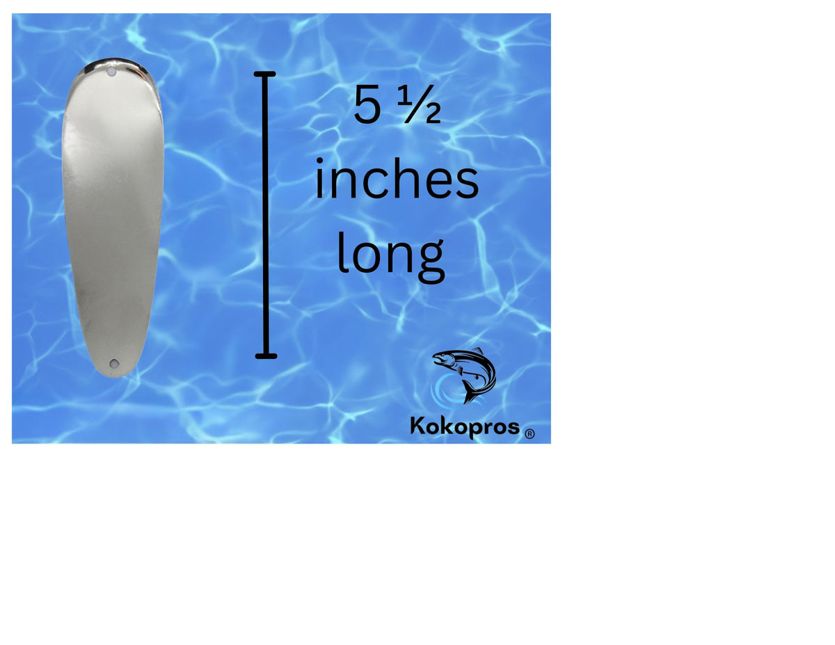 KOKOPROS® silver blank teardrop flashers, 5 1/2-inch, 25-pack, with size measurement