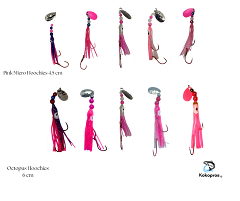 KOKOPROS® Hoochies Think Pink 10 Pack -Glow Fresh water Kokanee Salmon Trolling Lures with Pre-Rigged Octopus Hooks - Spinner Blades, Synthetic Skirts Kokanee Hoochies for Salmon Fishing