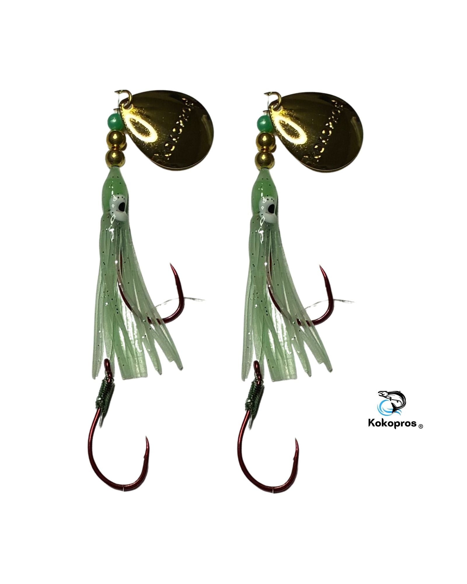 Salmon Tackle - Kokopros® Twin Pack Light Green  Salmon Hoochie's  (2) 4/0 Red Octopus Snell