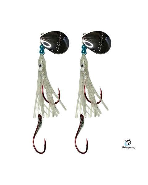Salmon Tackle - Kokopros® Twin Pack Ghost White Salmon Hoochie's (2)- 4/0 Red Octopus Snells