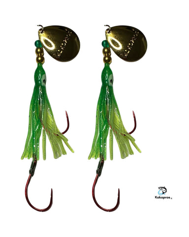 Salmon Tackle- Kokopros® Twin Pack Green Chartreuse Salmon Hoochie's (2)- 4/0 Red Octopus Snell