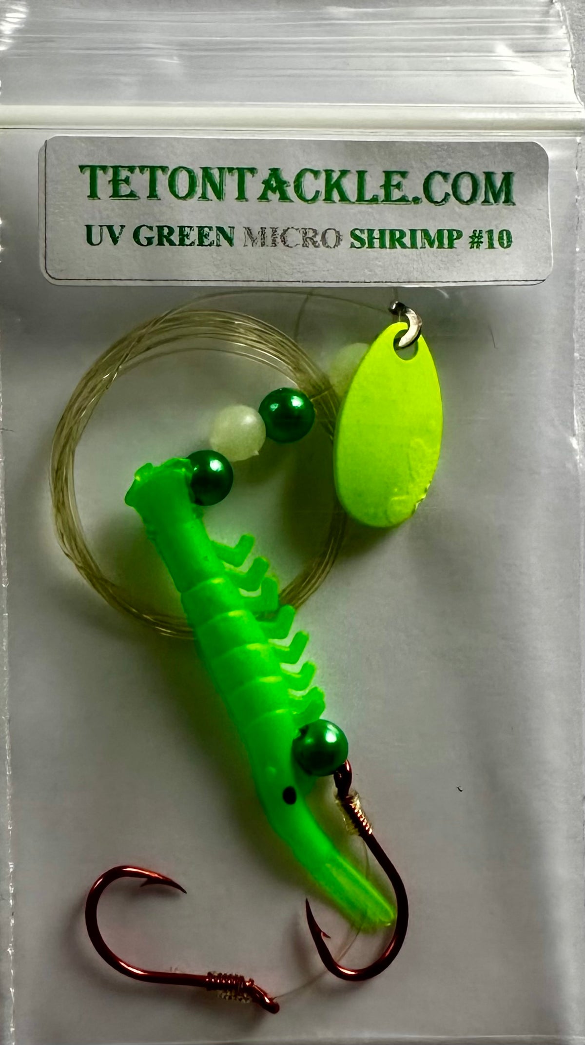 KOKOPROS® UV micro shrimp #10, bright green chartreuse, spinner blade, alternate view