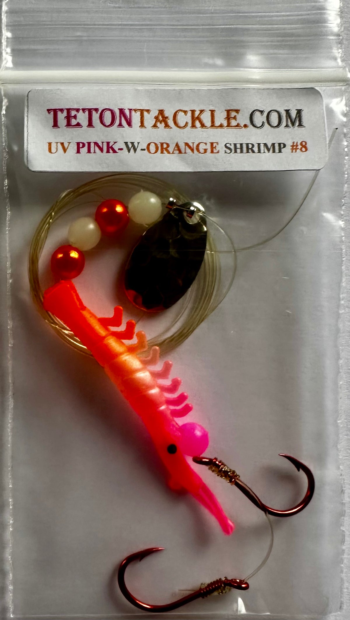 KOKOPROS® UV micro shrimp #8, pink, white and orange, nickel spinner blade, alternate view