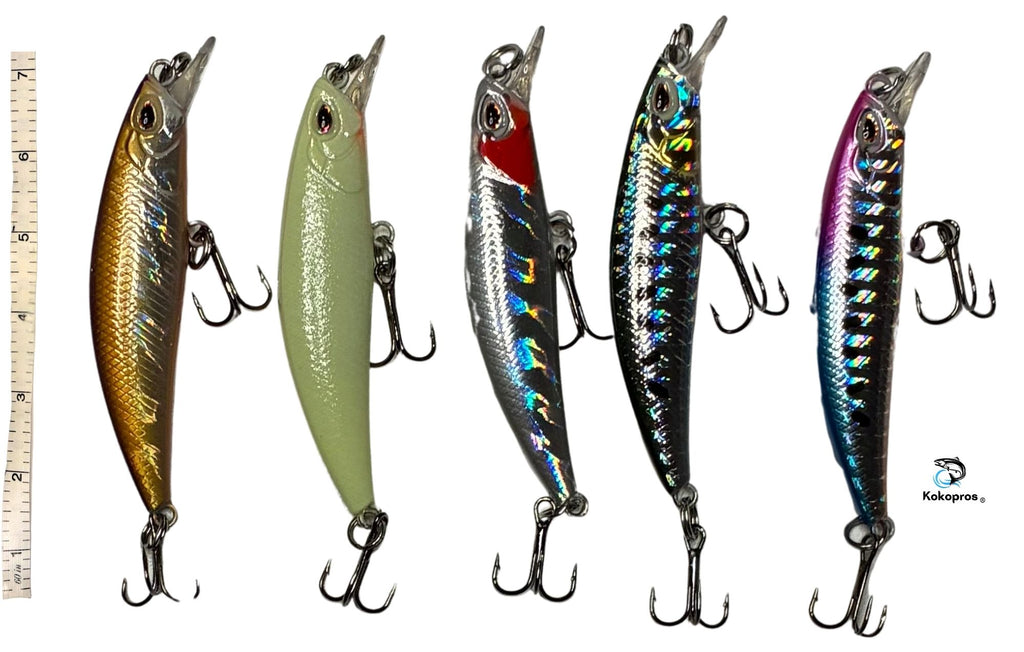 KOKOPROS® multicolor minnow bass lures, 5-pack with case, with size measurement