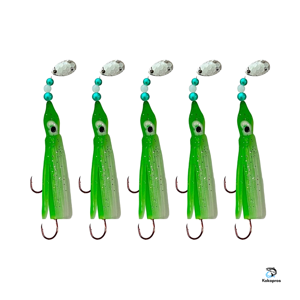 KOKOPROS® Green and White Luminous Octopus Hoochies 6 cm 5-Pack