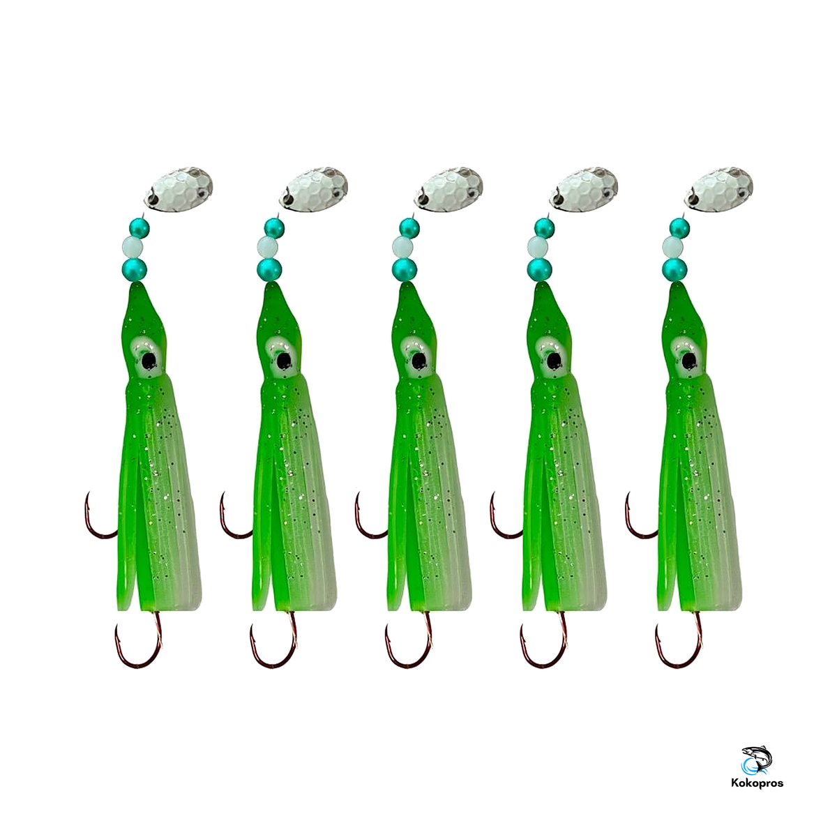 KOKOPROS® Green and White Luminous Octopus Hoochies 6 cm 5-Pack