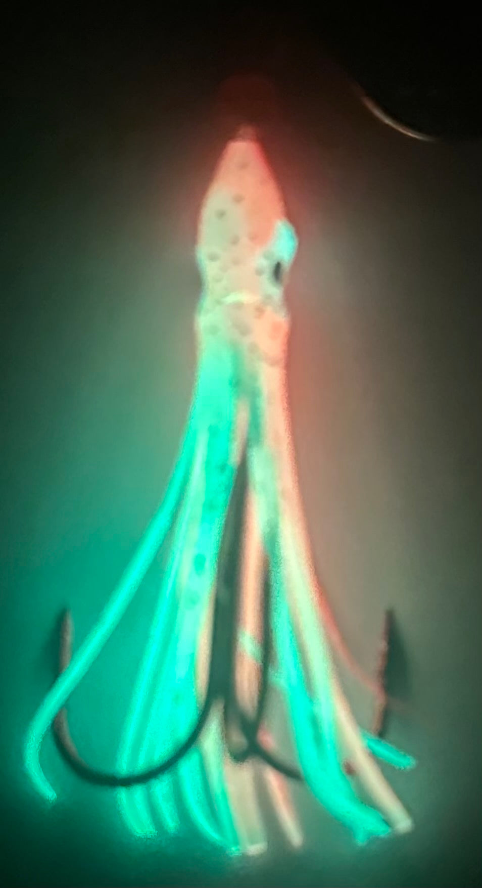 KOKOPROS® Orange Chartreuse #4 luminous salmon hoochie, 2/0 treble, spinner blade, glowing in the dark, alternate view